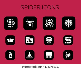 spider icon set. 12 filled spider icons. Included Worm, Moth, Insecticide, Spider, Witch, Dracula, Flea, web, Insect icons