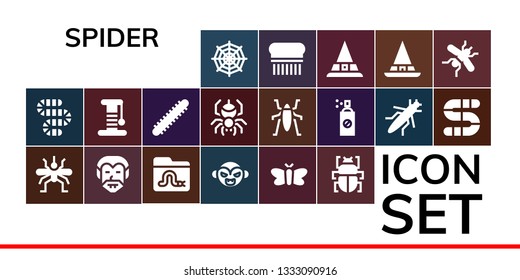 spider icon set. 19 filled spider icons.  Simple modern icons about  - Spider web, Worm, Mosquito, Dracula, Vampire, Moth, Fleas, Scratcher, Centipede, Insect, Insecticide