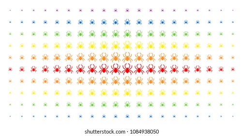 Spider icon spectral halftone pattern. Vector spider shapes are arranged into halftone matrix with vertical spectral gradient. Constructed for backgrounds, covers, templates and abstraction concepts.