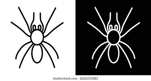 Vetor de ícone de aranha em preto e branco. Design estilizado de aracnídeo de oito pernas, simétrico e minimalista. Ideal para temas de Halloween, gráficos assustadores, conteúdo de biologia.