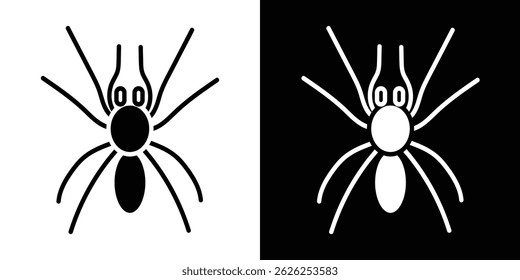 Vetor de ícone de aranha em preto e branco. Design estilizado de aracnídeo de oito pernas, simétrico e minimalista. Ideal para temas de Halloween, gráficos assustadores, conteúdo de biologia.