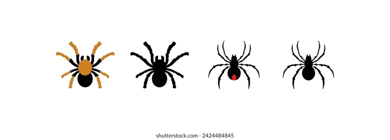 Spider-Symbole gesetzt. Flach, Ikonen von verschiedenen Arten von Spinnen, Satz von Spinnen. Vektorsymbole