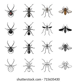 Spider, insect ant, mosquito, bee. Insect set collection icons in cartoon black monochrome outline style vector symbol stock illustration web.