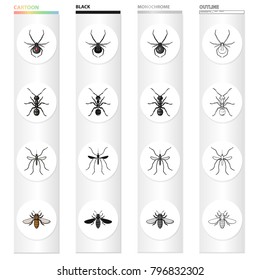 Spider, insect ant, mosquito, bee. Insect set collection icons in cartoon black monochrome outline style vector symbol stock illustration web.