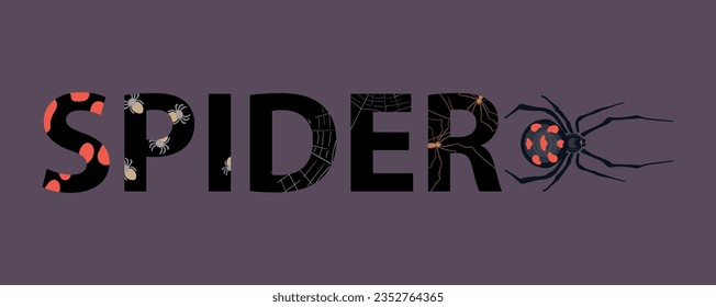 Spider insect composition with flat text with letters covered with maggots and ephebic on dark background vector illustration