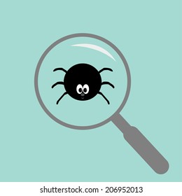 Spider insect under magnifier zoom lense. Flat design. Vector illustration