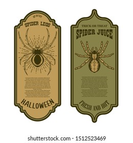 Spider juice. Spider legs. Halloween bottle label template. Design element for poster, card, banner, sign. Vector illustration