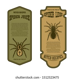 Spider juice. Spider legs. Halloween bottle label template. Design element for poster, card, banner, sign. Vector illustration
