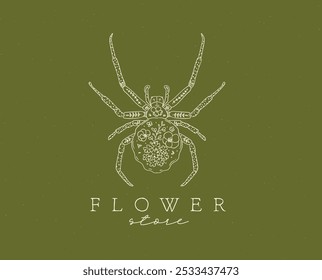 Spider label design lettering flower store drawing in floral style on green background