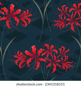 Spider liliy plant with coral red flowers on a dark backgroung. Vector seamless pattern svg