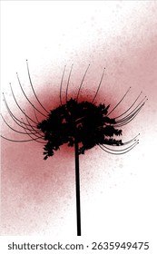 Spider lily flower vector silhouette with long filaments and red spray texture on white background, ideal for dramatic floral art, botanical posters, or abstract design.