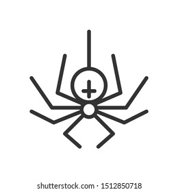Spider line icon. Scary poisonous arachnid falling down on web. Black outline Halloween symbol. Editable stroke. Vector illustration isolated on white background.