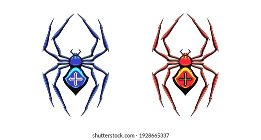 Spider logo with cross. Black spider crosspiece silhouette with sharp limbs, poisonous spidery dagger insect. Set of logotypes for gaming design and cybersport, vector illustration