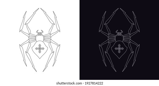 Spider logo with cross, editable stroke. Black and silver spider crosspiece with outline silhouette and sharp limbs, dagger insect. Set of tattoo and logotypes for gaming design, vector illustration