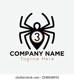 Spider Logo On Letter 3 Template. Sipder icon On 3 Letter, Initial Spider Sign Concept