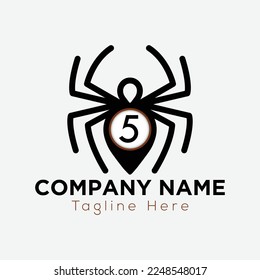 Logo Spider En La Plantilla De La Letra 5. Icono de símbolo en 5 letras, concepto de signo de araña inicial