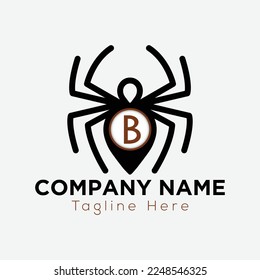 Spider Logo On Letter B Template. Sipder icon On B Letter, Initial Spider Sign Concept