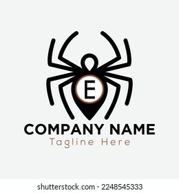 Spider Logo On Letter E Template. Sipder icon On E Letter, Initial Spider Sign Concept