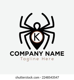 Spider Logo On Letter K Template. Sipder icon On K Letter, Initial Spider Sign Concept