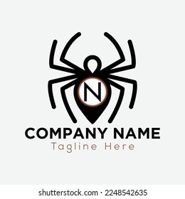 Spider Logo On Letter N Template. Sipder icon On N Letter, Initial Spider Sign Concept