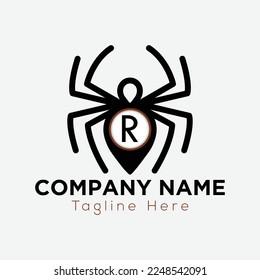 Spider Logo On Letter R Template. Sipder icon On R Letter, Initial Spider Sign Concept