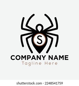 Spider Logo On Letter S Template. Sipder icon On S Letter, Initial Spider Sign Concept