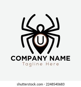 Spider Logo On Letter U Template. Sipder icon On U Letter, Initial Spider Sign Concept