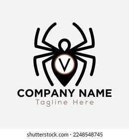 Spider Logo On Letter V Template. Sipder icon On V Letter, Initial Spider Sign Concept