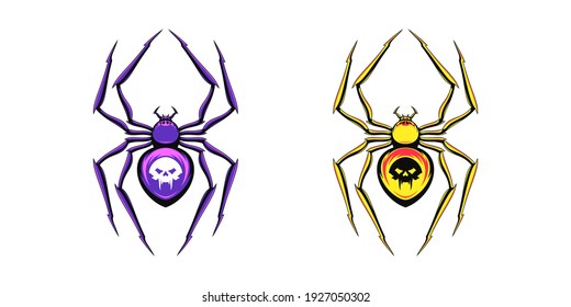 Spider logo with vampire skull and fangs. Black spider silhouette with sharp limbs, poisonous spidery insect. Set of logotypes for gaming design and cybersport, vector illustration