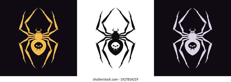 Spider logo with vampire skull and fangs. Golden, black and silver spider silhouette with sharp limbs, poisonous spidery insect. Set of tattoo and logotypes for gaming design, vector illustration