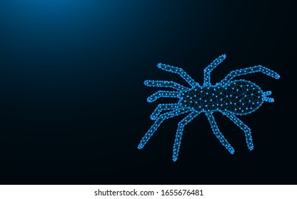 Spider made from points and lines on dark blue background, tarantula wireframe mesh polygonal vector illustration