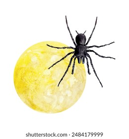 Spider and moon, watercolor. Hand drawn vector illustration. For Day of the Dead and Halloween greeting cards, invitations, banners, posters, flyers.