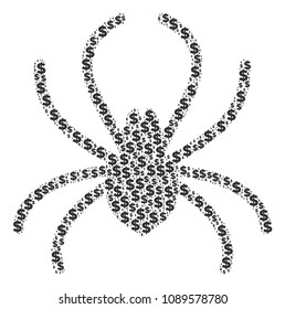 Spider mosaic of dollars and circle spots. Vector money signs are combined into spider collage.