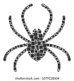 Spider mosaic icon of square figures and circle particles in variable sizes. Vector objects are combined into spider mosaic design concept.