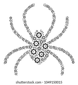 Spider mosaic of mechanical wheels. Vector cog wheel objects are organized into spider collage.