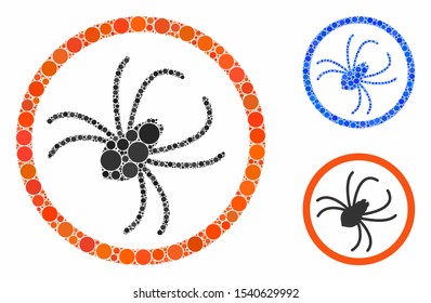 Spider mosaic of small circles in variable sizes and color hues, based on spider icon. Vector random circles are combined into blue mosaic. Dotted spider icon in usual and blue versions.
