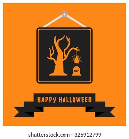 Spider net Hanging with old tree in grave yard icon. Black Happy Halloween Ribbon Banner on Orange background. Vector illustration