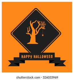 Spider net hanging with old tree icon. Black Happy Halloween Ribbon Banner on Orange background. Vector illustration