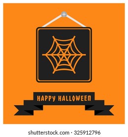 Spider net icon. Black Happy Halloween Ribbon Banner on Orange background. Vector illustration