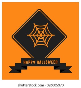 Spider Net icon. Black Happy Halloween Ribbon Banner on Orange background. Vector illustration