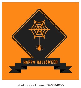 Spider Net icon. Black Happy Halloween Ribbon Banner on Orange background. Vector illustration