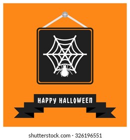 Spider net icon. Black Happy Halloween Ribbon Banner on Orange background. Vector illustration