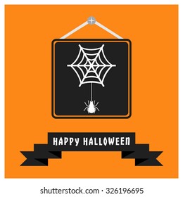 Spider Net icon. Black Happy Halloween Ribbon Banner on Orange background. Vector illustration