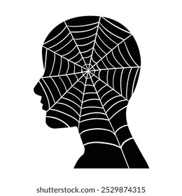 Spider net in person head, icon vector isolated on white background.

