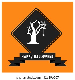 Spider net with tree icon. Black Happy Halloween Ribbon Banner on Orange background. Vector illustration