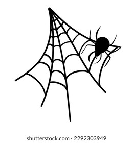 Spider net web hand drawn doodle scribble comic simple sketch for holiday spooky scary decoration. Tattoo design art with an insect bug zombie drawing.