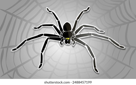 Spider on the background of a spider web. Sticker. Print design. Halloween spider poster. Vector illustration.