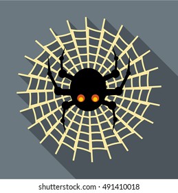 Spider on cobweb icon in flat style with long shadow. Insect symbol vector illustration
