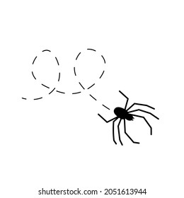 Araña en una ruta de línea de puntos. Silueta negra animal. Vector aislado sobre fondo blanco.