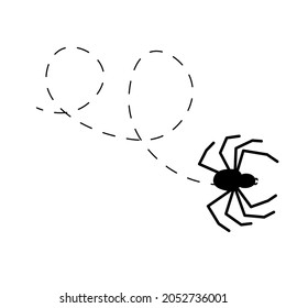 Spider on a dotted line route. Animal black silhouette. Vector isolated on white background.